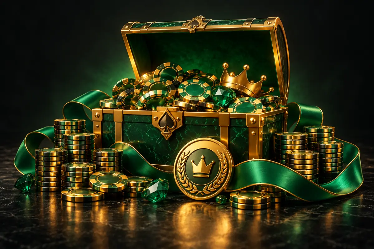 Emerald casino rewards chest with gold chips and a medallion