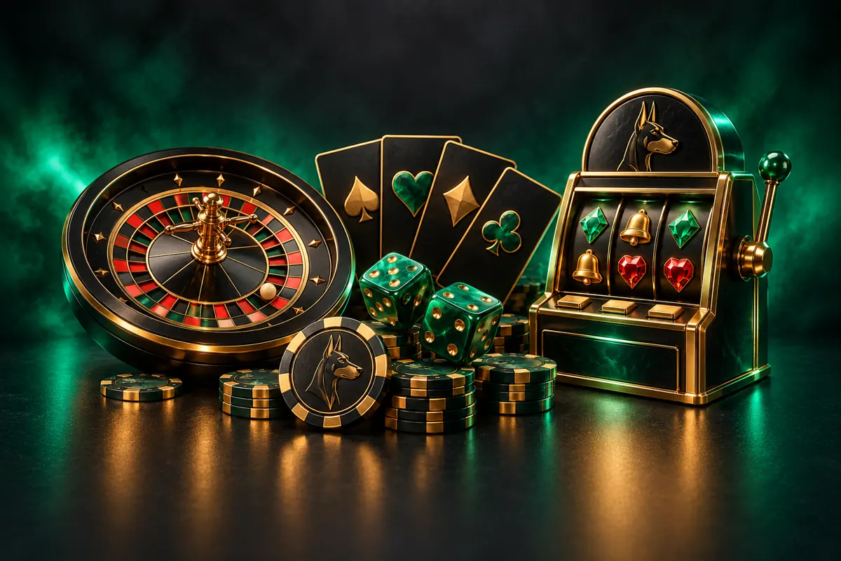 Roulette, cards, dice and slot reels in emerald and gold
