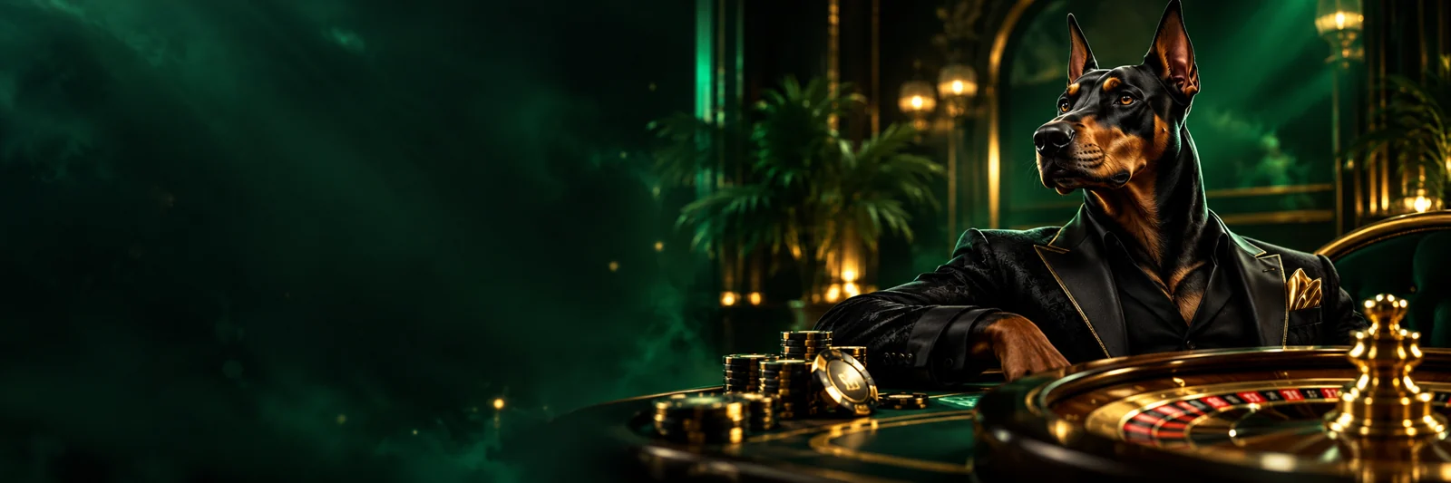 Spin Dog Doberman mascot beside a roulette wheel