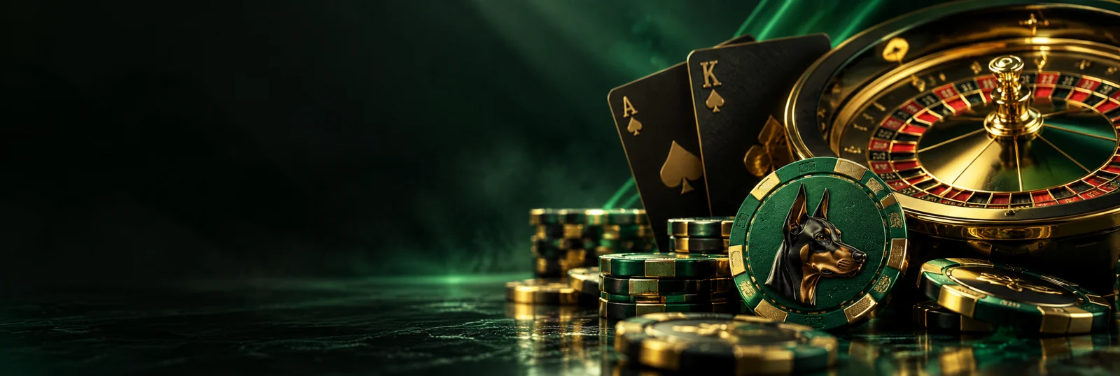 Gold roulette and casino chips in emerald lighting