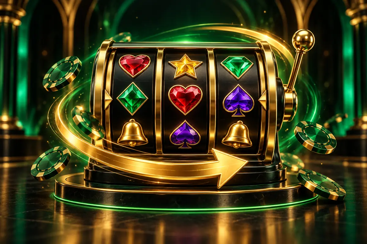 Jewel-symbol slot reels encircled by a gold spinning arrow