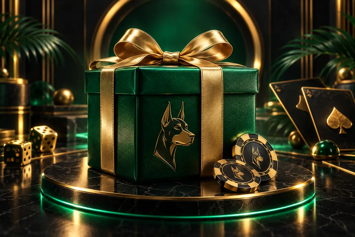 Emerald welcome gift box with a gold ribbon and Spin Dog chips