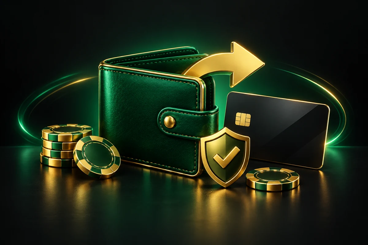 Withdrawal wallet, bank card and security shield with a transfer arrow